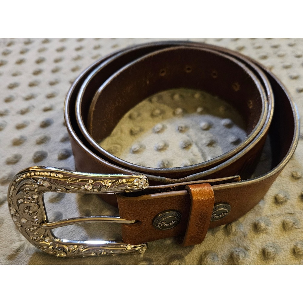 Indian Motorcycle Brown Leather Rhinestone Western Belt XL Floral Silver Buckle